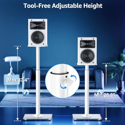MOUNTUP Universal Speaker Stands Pair, 28.3" to 37.4" Height Adjustable Floor Speaker Stands, Holds Bookshelf & Large Satellite Studio Speakers, Cable Concealing, 22LBS Capacity, 9.8" Plate, White