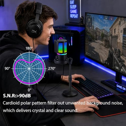 USB PC Gaming Microphone with RGB Light, Volume Control, Mute Button, Headphone Monitoring Jack. Compatible with Windows, MAC, PS4/PS5.