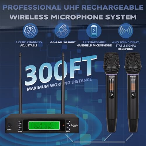 Rechargeable Dual Wireless Microphones System, Professional UHF 2X100 Channel Metal Wireless Microphone for Singing, Dj, Church, Karaoke, Handheld Vocal Dynamic Cordless Mic Long Range 300Ft