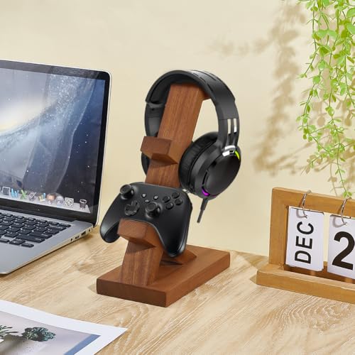 Wooden Game Controller and Headphone Hanger Holder–Universal Gaming Desk Compatible with Xbox PS5 PS4 Switch, Headset Stand with Storage Rack Gifts for Gamers Teens Boys Men Boyfriend