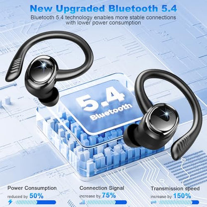 Hupoaf Wireless Earbuds Sport, NEW Bluetooth 5.4 Headphones with Earhooks, 50H Stereo Deep Bass Over Ear Buds with 4 ENC Noise Canceling Mics, IP7 Waterproof Earphones for Running Workout Gym -Black - color: B-Glossy black