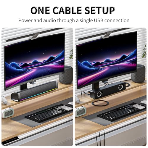 Computer Speakers for Desktop PC, Gaming Soundbar with 4 Drivers, 12 RGB Lighting Modes, USB/USB-C Powered PC Speakers, Plug & Play Monitor Sound Bar with Mic & Headphone Jack for Laptop, PC, Black