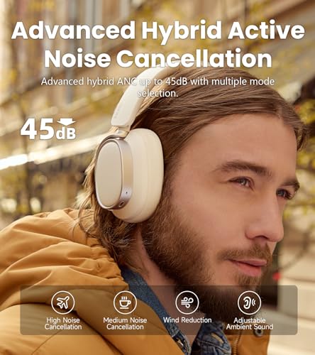 Edifier ES850NB Active Noise Cancelling Over-Ear Headphones, Ivory | 92H Playtime, Wired & Wireless Hi-Res Audio, Fast Charging, Clear Calls for Home Office Travel - color: Ivory