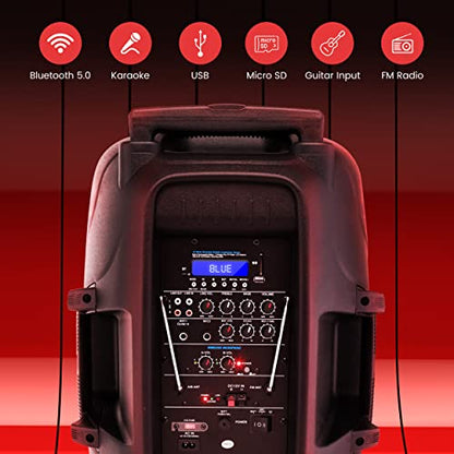 Pyle 1600 Watt, 15" Bluetooth PA Speaker - Indoor / Outdoor Portable Sound System with (2) UHF Wireless Microphones, Rechargeable Battery, Audio Recording, USB/SD Readers, FM Radio (PPHP1535WMU)