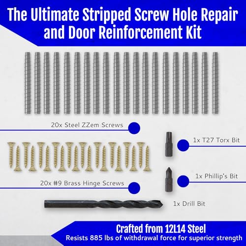 20-Pack #9 x 3 Permanent Stripped Door Hinge Screw Hole Repair Kit | Steel anchors. Reinforces hinges, strike plates and door jambs. Made in USA - size: 20 Pack