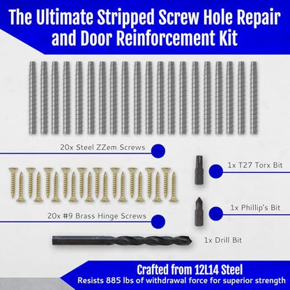 20-Pack #9 x 3 Permanent Stripped Door Hinge Screw Hole Repair Kit | Steel anchors. Reinforces hinges, strike plates and door jambs. Made in USA - size: 20 Pack