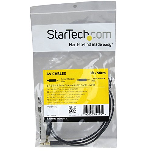 StarTech 3ft Slim 3.5mm Audio Cable, Male to Male, Aux Cable (MU3MMS) | AUX Cable, AUX Cord, Headphone Cable, Auxiliary Cable - size: 3 ft, style: Straight
