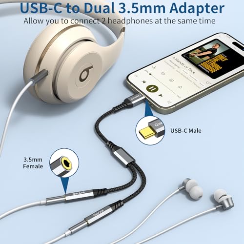 USB C to Dual 3.5mm Female Headphone Splitter, Type C to Dual 3.5mm Aux Y Jack Splitter Headphone Microphone Adapter for iPhone 15 16 17 Pro Max, Samsung Galaxy S25 S24 23 22, Pixel,Note 20, iPad Pro