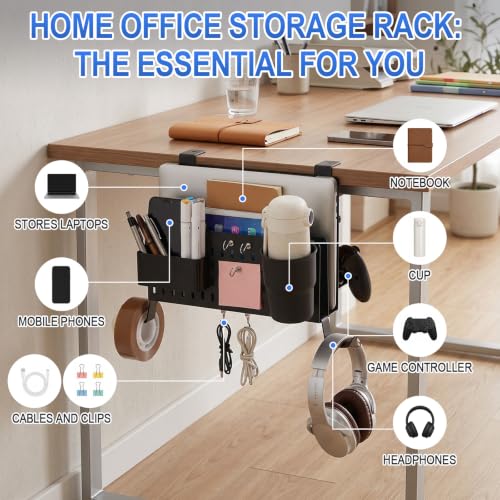 Desk Side Storage Organizer Set Fits Edge 0.2-2.2",Double,Black | No Drill Clamp on Desk Organizer with Laptop Holder Cup Holder Pen Cup Headphone Hanger and Magnetic Hooks - color: Black, style: Double