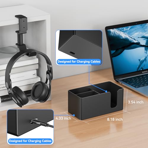 Desk Cup Holder Clamp with Headphone Hanger and Storage Tray | Clamp on design, rotating headphone hanger, detachable storage tray, cable holes, fits 5-50mm desks - color: Black