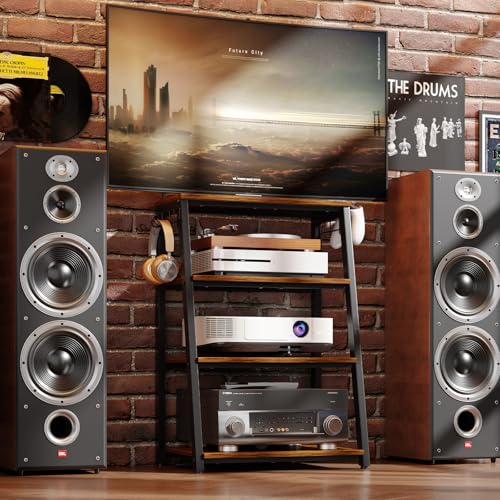 4-Tier AV Media Stand with 2 Hooks,Heavy Duty Stereo Cabinet Furniture-Large Stereo Rack and Game Console Stand,Wooden Record Player Stand,Audio Stand Perfect for DVD Players/Game Console/TV Box/Xbox - style: Regular