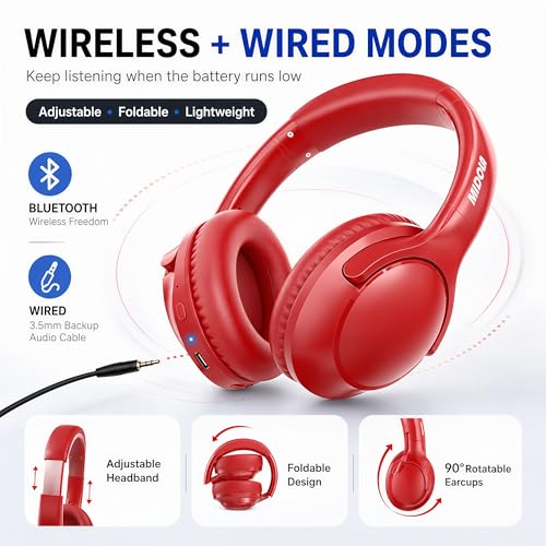 Bluetooth Headphones Wireless 68H with Mic,Decent Sound-Acceptable Red | Adjustable Headband Foldable Over-Ear Lightweight for Office/Travel/Tablet/iPad/Laptop,HD Stereo Sound,Aux 3.5mm - color: Red
