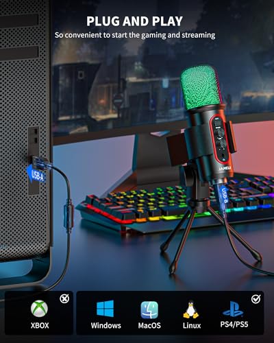 Gaming Microphone, USB Computer Condenser Mic for PC/Laptop/Phone/PS4/5, RGB, Headphone Output, Volume Control,Plug and Play, Mute Button, for Streaming, Podcast, Studio Recording - size: Round Microphone