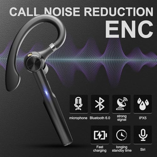 Bluetooth 5.3 Headset, 60Hrs Single Ear Earpiece with Mic | LED Charging Case, Noise Cancelling Mic, Hands-Free Calls for Business, Driving & Meetings