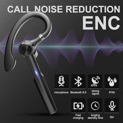 Bluetooth 5.3 Headset, 60Hrs Single Ear Earpiece with Mic | LED Charging Case, Noise Cancelling Mic, Hands-Free Calls for Business, Driving & Meetings