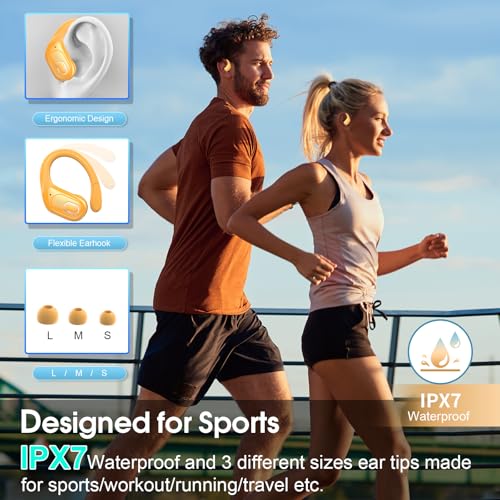 Wireless Earbuds 75H Bluetooth 5.4 Sport Headphones with Earhooks, Yellow | IPX7 Waterproof In-ear Buds Feature ENC Noise Cancelling Mic & Deep Bass. Stereo Sound Device for Gym Running Workout - color: Yellow