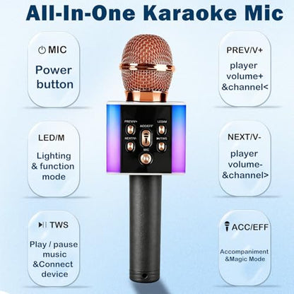 Wireless Bluetooth Karaoke Microphone for Kids & Adults, Singing Mic with Disco Lights, Voice Changer, Built-in Speaker, Portable Karaoke Player for Party & Travel Gifts(Rose Gold) - color: Rose Gold