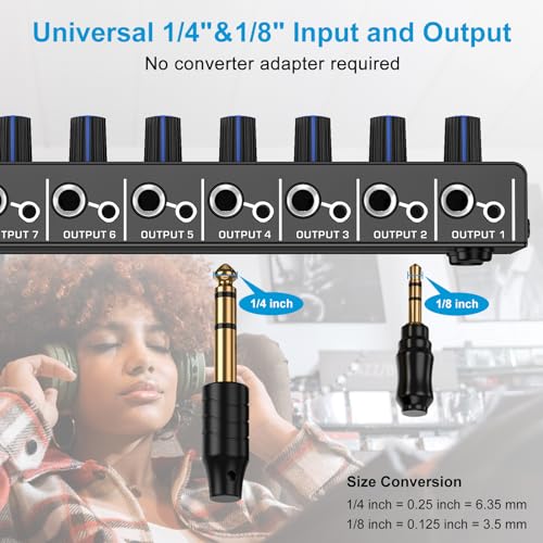 LZSIG Headphone Amplifier with Bass Boost, 8 Channel, 1 IN 8 OUT, DC 12V | Metal Stereo Audio Amplifier, Mini Earphone Splitter with Power Adapter, 1/4" & 1/8" TRS Headphones Output & TRS Audio Input - size: Large(8-channel)