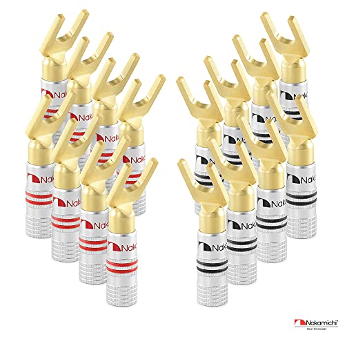 Nakamichi GrubLock 24k Gold Plated Spade Y Banana Plugs, 10-18 AWG | Excel Series, Gauge Size 4mm Speakers Amplifier Hi-Fi AV Stereo Audio Wire Cable Screw Connector, 4 Pcs (2-Pairs) - size: 4 Pcs (2-Pairs)