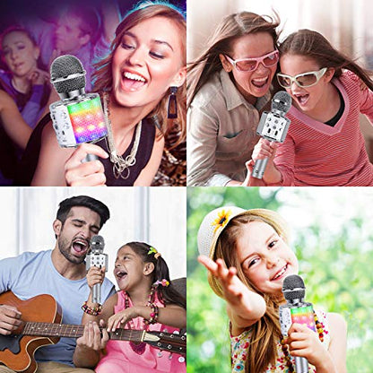 BlueFire 4 in 1 Karaoke Wireless Microphone with LED Lights, Portable Microphone for Kids, Great Gifts Toys for Kids, Girls, Boys and Adults (Silver) - color: Silver