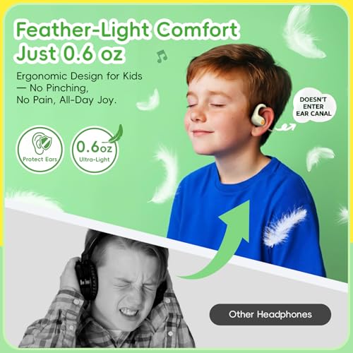 ANCwear Kids Open Ear Headphones, 85dB Volume Limit, Ages 5+ | 17g air conduction design with IPX6 water resistance, mic, magnetic charging and 10H battery for school, sports and travel - color: Beige