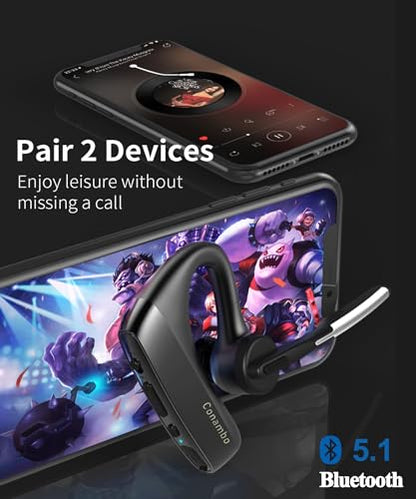 Conambo K18 Wireless Headset Bluetooth V5.1, Bluetooth Earpiece 16 Hrs Talking Time Hands-Free Single Ear Bluetooth Headset with Dual Mic Noise Canceling for Work Trucker iPhone Android Cell Phone