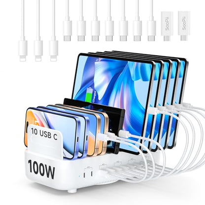 SooPii 100W 10-Port USB Charging Station, 10 USB-C PD Fast Charging Compatible with Phone,lPad,Galaxy, and Other Electronics, 10 Mixed Charging Cables Included (White) - color: White