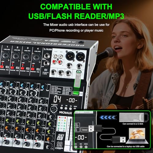 Audio Mixer 6 Channel Professional Sound Mixer Console with 99 DSP Effects, Mixing Board DJ Mixer w/USB, Bluetooth, 48V Power Supply, PAD Button for Recording Karaoke PA Drum Live Music