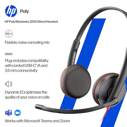 Poly Blackwire 3225 Wired Headset (Plantronics) - Noise-Canceling Mic – Stereo Design - Connect to PC/Mac/Mobile via USB-C, USB-A, or 3.5mm - Works w/Teams, Zoom - Amazon Exclusive - style: 2023 Version (USB-C & USB-A)