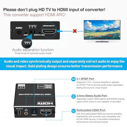HDMI ARC Audio Extractor, 4K@60Hz HDMI ARC Adapter to Optical/SPDIF/3.5mm AUX Audio Adapter Converter Splitter Support LPCM 5.1/DTS/DSD for Laptop/TV Box/DVD/PS5/Soundbar/Speaker/Amplifier