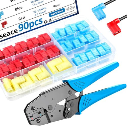 smseace 91pcs Right Angle Spade Connectors with Flag Terminal Crimper 22-18/16-14/12-10AWG Quick Disconnect Flag Connector + Electrical Crimping Tool for Right Angle Spade Connector - size: 91Pcs
