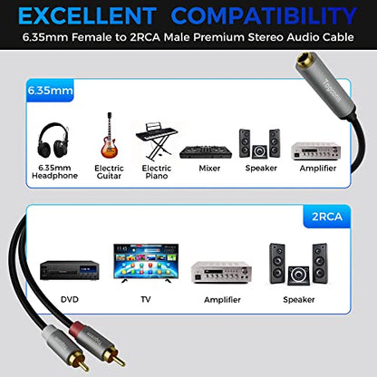 6.35mm to 2RCA Audio Cable,6.35mm 1/4 inch Female TRS to Stereo Dual RCA Male Y Splitter Audio Adapter Cable Gold Plated Plug (10 Inch/25CM) - size: 1 Pack, style: 6.35(female) to 2RCA(male)