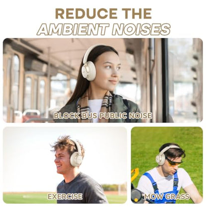 BERIBES Hybrid Active Noise Cancelling Headphones Wireless Over Ear 70Hours | Foldable Bluetooth 6.0,Transparent Modes,3.5MM Cable,Lightweight Built-in Mic,HiFi Stereo Deep Bass,Soft-Earpad,Fast Charging - color: Beige