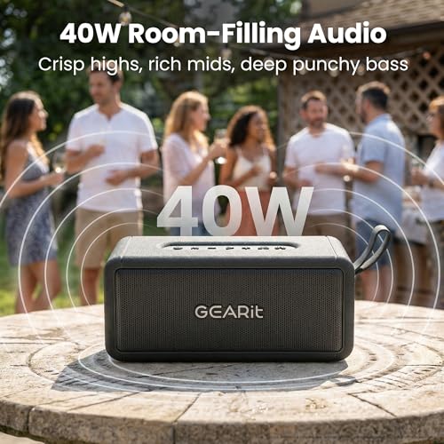 GEARit 40W Waterproof Portable Bluetooth Speaker, Loud Bass, AUX & TWS | IPX6 waterproof, deep bass, indoor/outdoor EQ; AUX, USB-C, USB-A, MicroSD playback; TWS pairs two for stereo - size: Inline - 40W