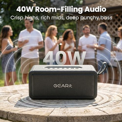 GEARit 40W Waterproof Portable Bluetooth Speaker, Loud Bass, AUX & TWS | IPX6 waterproof, deep bass, indoor/outdoor EQ; AUX, USB-C, USB-A, MicroSD playback; TWS pairs two for stereo - size: Inline - 40W