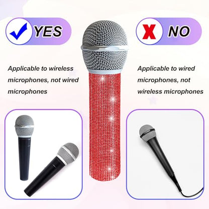 MECCANIXITY Red Mic Handle Cover, Rhinestones Microphone Handle for Most Universal Wireless Microphones, Mic Not Included(with Black Velvet Bag) - color: Red Black