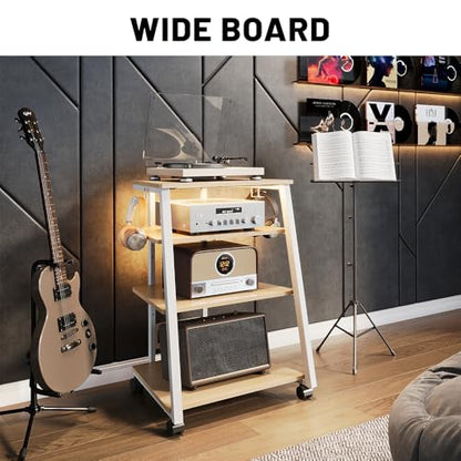 4-Tier Stereo Stand, AV Media Stand Cabinet Console Shelf with Power Strips and 2 Hooks, Audio-Video Rack Game Console Stand Media Organizer (Maple)