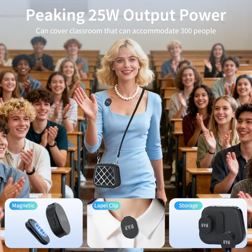 S1 25W Voice Amplifier with Wireless Magnetic Dual Lavalier Microphone, Portable Bluetooth Speaker and Microphone PA System with Shoulder Chain for Classroom Meeting Training Speech Guide - color: Black