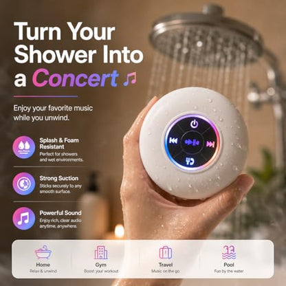 Bluetooth Shower Speaker with LED – Portable Wireless Mini Speaker with Mic & Suction Cup, IPX4 Water Resistant for Shower, Travel, Pool, River Floating, and Outdoor Fun (White) - color: White