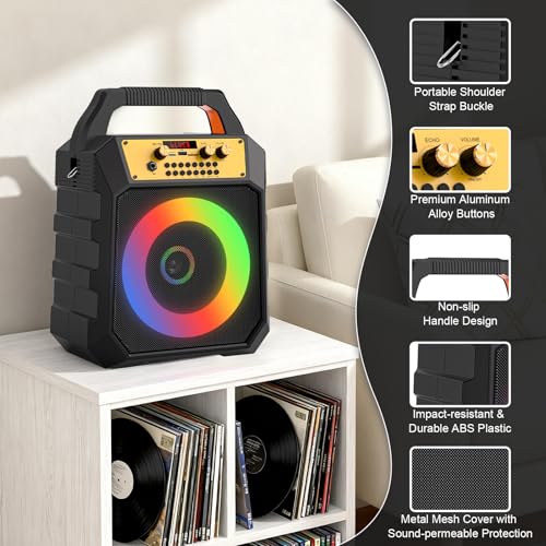 JM Portable Karaoke Machine 2-Way Coaxial Driver Speaker with 2 Mics-Black | Portable,Rechargeable,Bluetooth,TF/SD/USB,AUX,FM,4000mAh,5 Light Modes - color: Black