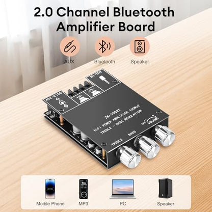 Daakro ZK-1002T Bluetooth Amplifier Board,100W+100W 2.0 Channel Amp Board w/Treble/Bass Control,DC 12-24V, BT/AUX Inputs,Audio Amp Board for Home DIY Wireless Speakers,Password Free (2PCS ZK-1002T) - color: ZK-1002T-2cps