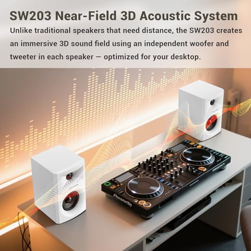 Sanyun SW203 3" 2.0 Computer Speakers, Expanded Stereo Field, Triple-DSP | Built-in 24bit DAC, USB-C/Bluetooth 5.4/AUX, 60W Carbon Fiber Woofer & Silk Dome Tweeter, for Desktop PC Gaming (Pair, White) - color: White