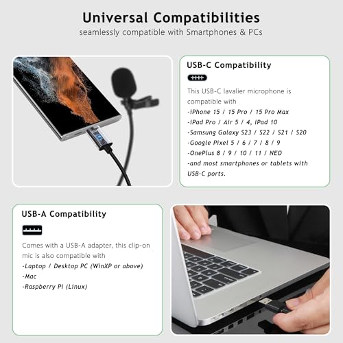 USB-C & USB-A Lavalier Microphone for Smartphones & Computers, 6.6 ft | Omnidirectional Clip-on Mic for iPhone 17/16/15, Samsung, Google, OnePlus and PCs, Ideal for YouTube, Interviews and Podcasts