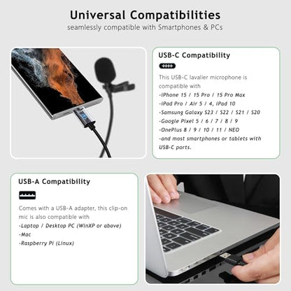 USB-C & USB-A Lavalier Microphone for Smartphones & Computers, 6.6 ft | Omnidirectional Clip-on Mic for iPhone 17/16/15, Samsung, Google, OnePlus and PCs, Ideal for YouTube, Interviews and Podcasts