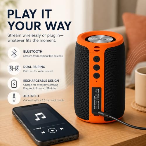 Musibaby M68 Bluetooth Speaker, 12W, IPX5, 24H Playtime, OrangeBlack | Portable, small and compact with USB playback, AUX input, FM radio, TF card playback, up to 24H and dual pairing. - color: OrangeBlk