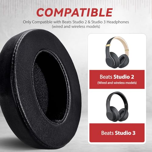 Aurivor Studio 3 Replacement Ear Pads for Beats Studio 3 & 2 Headphones, Cushions Earpads with Genuine Lambskin Leather, Softer Memory Foam, Stronger Adhesive (Lambskin-Black) - color: Lambskin-Black