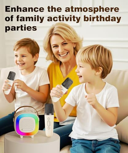 Kids Karaoke Machine Toy Ages 3-12, Mini 2 Wireless Mics Bluetooth Speaker | LED Party Lights, Voice Changer, Duets, BT 5.3, Rechargeable Portable, Christmas Birthday Gifts for Toddler Boys & Girls - color: Off-White - 2 Mics