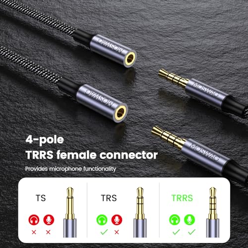 MOSWAG 3.5mm Female to Female Aux Connector, TRRS 4-Pole Extension Stereo Coupler Plug Adapter Audio Extension Cable for Laptops, Desktop, PCs, Guitars, DVDs, Mixers, Speakers-8Inch/20CM