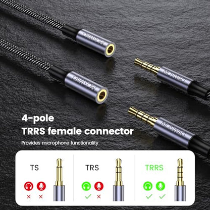 MOSWAG 3.5mm Female to Female Aux Connector, TRRS 4-Pole Extension Stereo Coupler Plug Adapter Audio Extension Cable for Laptops, Desktop, PCs, Guitars, DVDs, Mixers, Speakers-8Inch/20CM