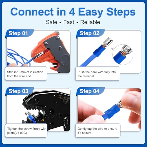 Baomain 100-Pack 0.187" Female Quick Disconnect Spade Terminals, 16-14 AWG 4.8mm (3/16 inch), Insulated Crimp Connectors Blue - size: Female